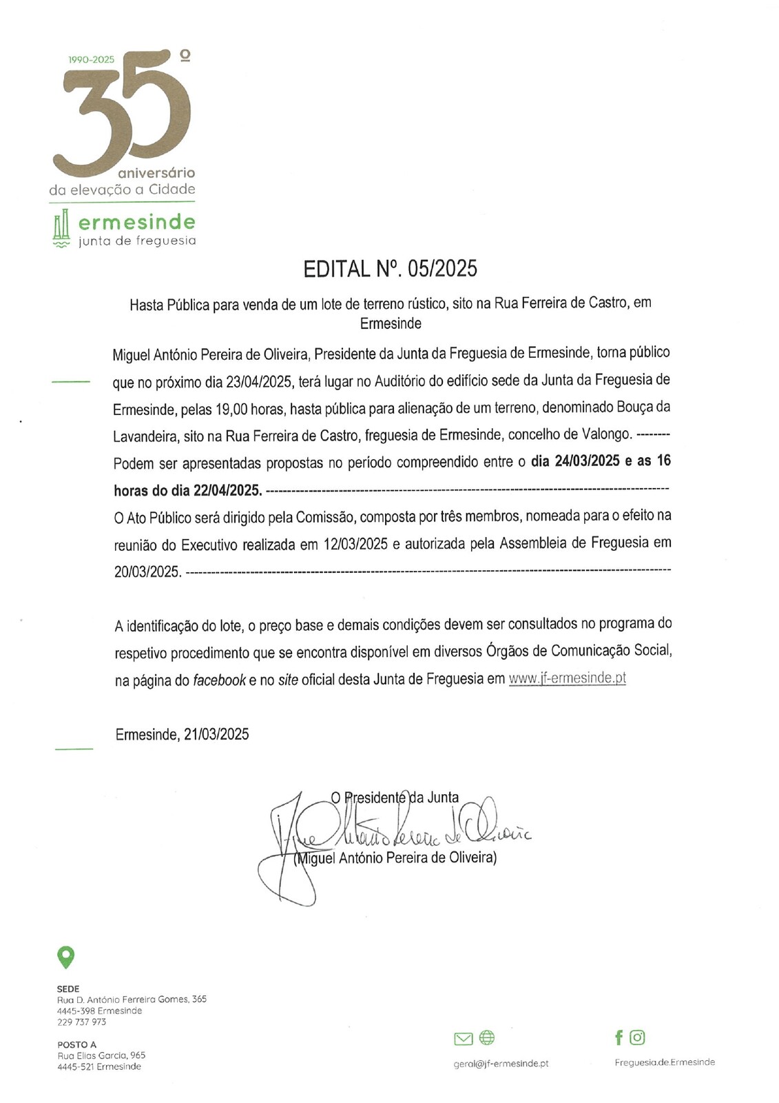 Hasta Pública para venda de um Lote deTerreno Rústico